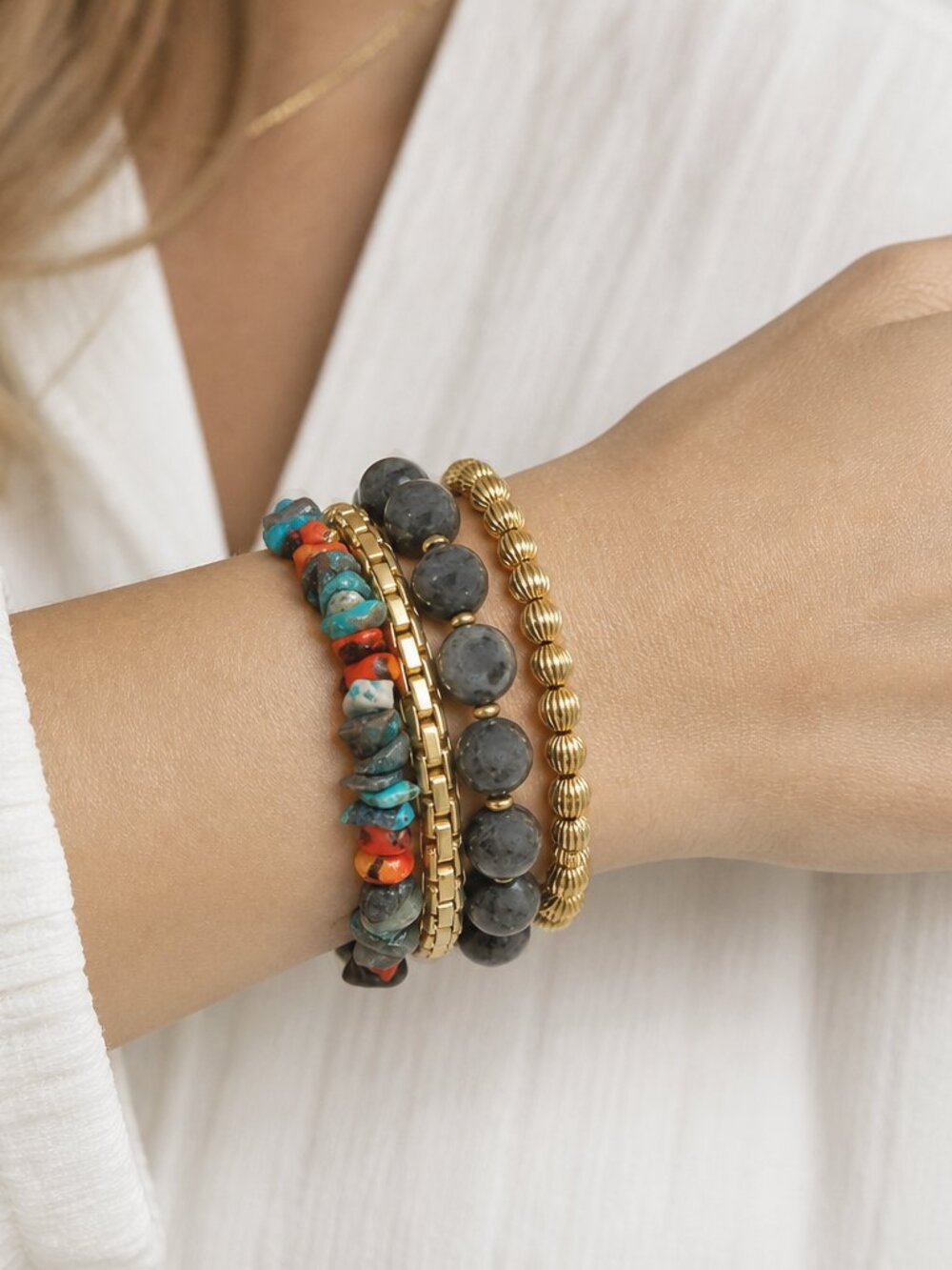 VTG Boho Set of 4 Jasper Bead Coral & Turquoise Chip Gold Tone Stretch Bracelets